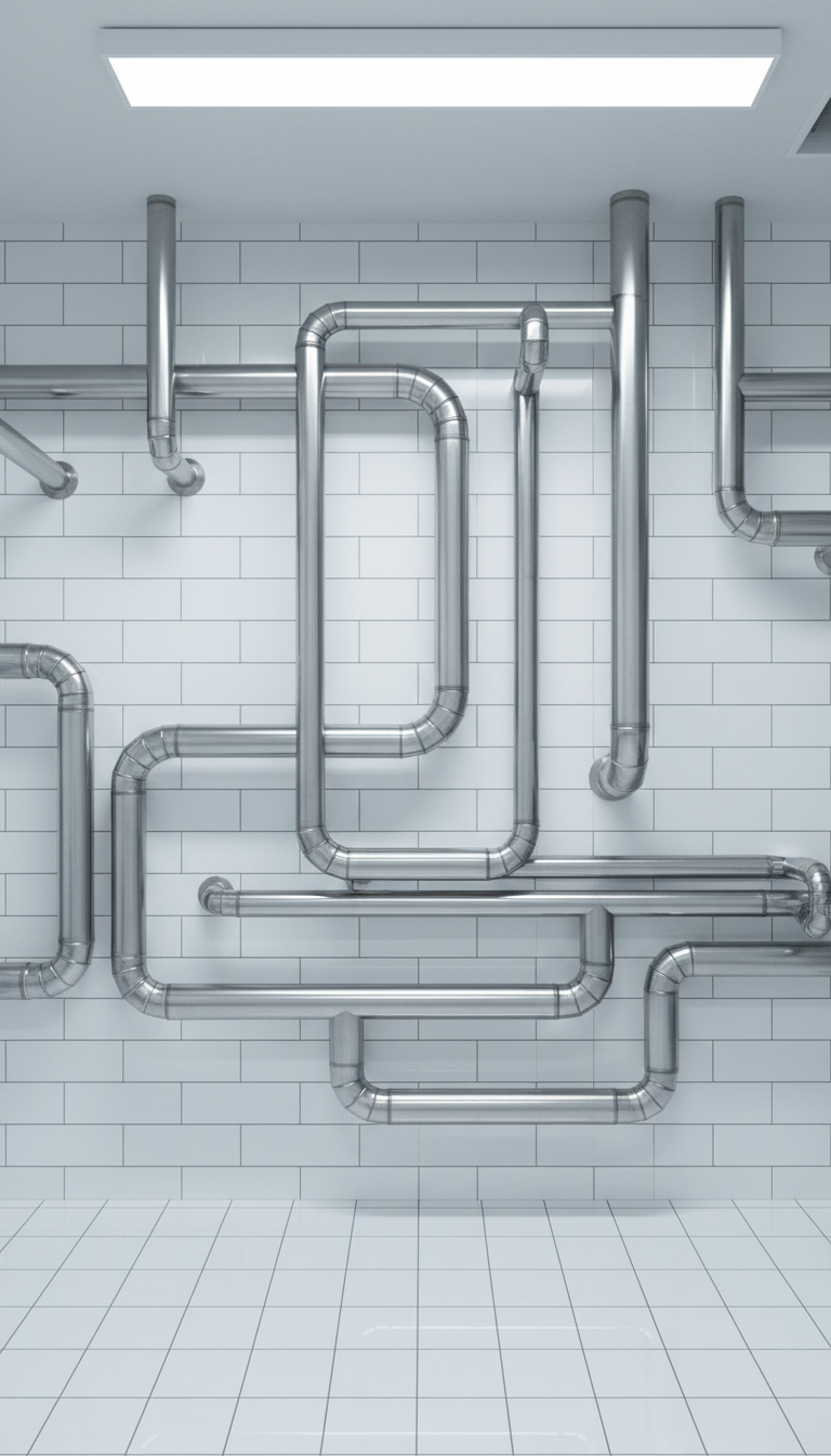 A gleaming stainless steel pipe system with polished, seamless joints and clean lines, arranged in a dynamic network against an immaculate, tiled wall in a modern utility room. Soft, diffused overhead lighting highlights the smooth metallic surfaces and casts gentle shadows on the tiles, emphasizing the expertise and precision craftsmanship. The composition uses a slightly elevated, centered angle for a clear, informative view, with all elements in sharp focus to convey reliability and professionalism. The mood is calm, clean, and trustworthy, evoking a sense of excellence in service and high-quality standards. The artistic style is photographic realism with a clean and modern aesthetic, perfectly suited for a top-tier plumbing business.