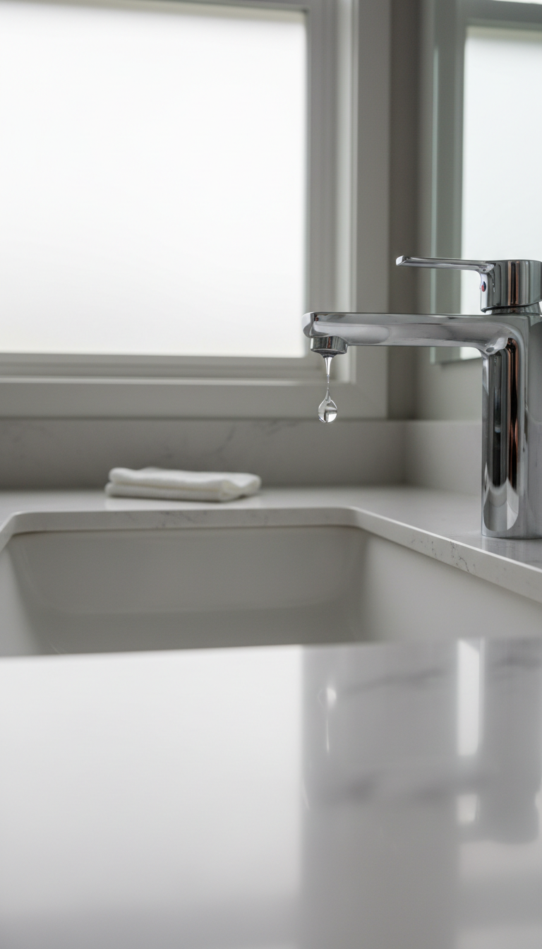 A close-up view of a pristine white porcelain sink with a high-gloss finish, featuring a modern, chrome faucet with a single droplet of water perfectly suspended from the spout. The sink is situated on a spotless quartz countertop in a contemporary home bathroom. Bright natural sunlight filters in from a nearby frosted window, creating crisp highlights on metal and soft, luminous shadows around the sink. Captured at a low, slightly angled perspective for an intimate, detailed look. The atmosphere is serene and welcoming, highlighting care and attention to detail. The style is minimalist and clean, echoing the faith-based focus on purity, care, and service.