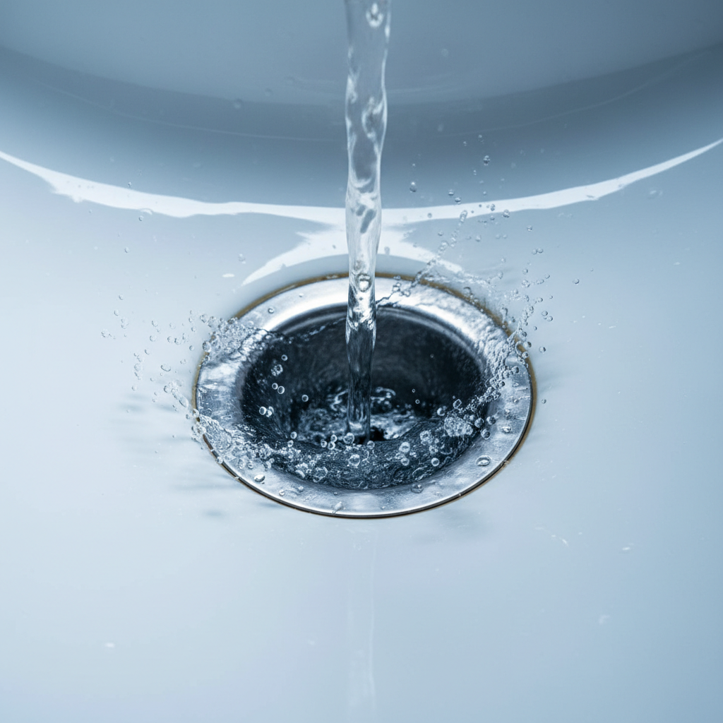 A dramatic, close-up depiction of a powerful jet of clear water spiraling efficiently down a shiny, deep blue ceramic drain, with tiny droplets splashing up from the swirling motion. The backdrop is a gleaming, freshly cleaned porcelain surface, free of any blemishes or deposits. Cool, directed studio lighting from the side creates bold reflections and clarity in the water, capturing the sense of thorough cleaning and problem-solving expertise. The camera’s perspective is overhead, centered on the drain, with sharp detail on water movement and a softly blurred background. The atmosphere feels energetic and refreshing, symbolizing effective, rapid solutions to drain problems. The style is clean and vibrant, communicating technical skill and attention.