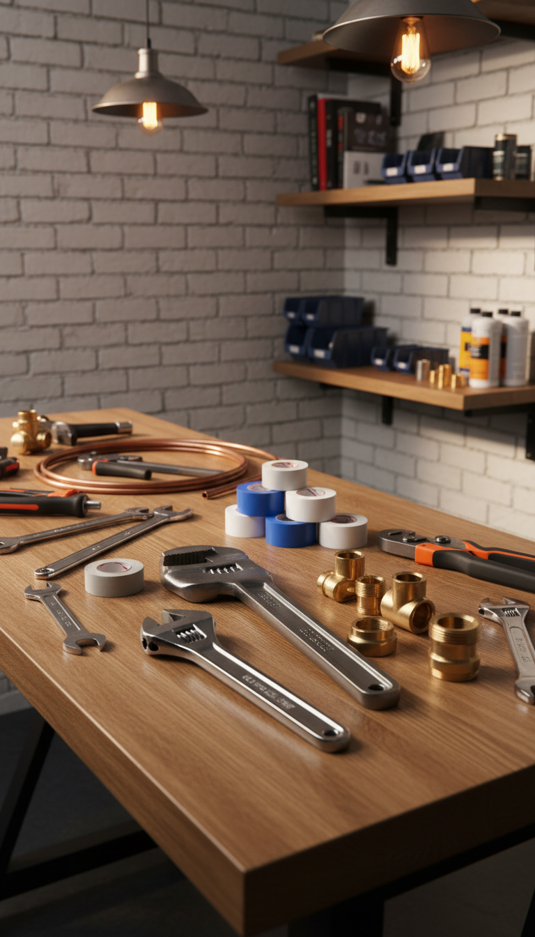 A meticulously organized array of professional plumbing tools, such as pipe wrenches, Teflon tape, and brass fittings, laid out on a solid oak workbench with a subtle matte finish. The setting is a dedicated workspace corner with whitewashed brick walls and neatly arranged storage shelves in the background. Warm pendant lighting from above creates inviting highlights on the metal tools while revealing fine-grain wood textures and casting soft, elongated shadows. The composition follows the rule of thirds for visual balance and interest, with selective focus that draws the eye to the polished tools. The mood is industrious yet trustworthy, radiating professionalism and readiness. The style is realistic but crisp and modern, emphasizing capability and reliability.
